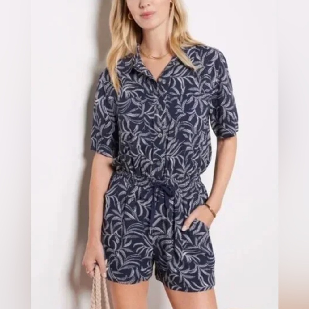Evereve Womens Ivy Romper Palm Print Button Front Elastic Tie Waist Blue Medium